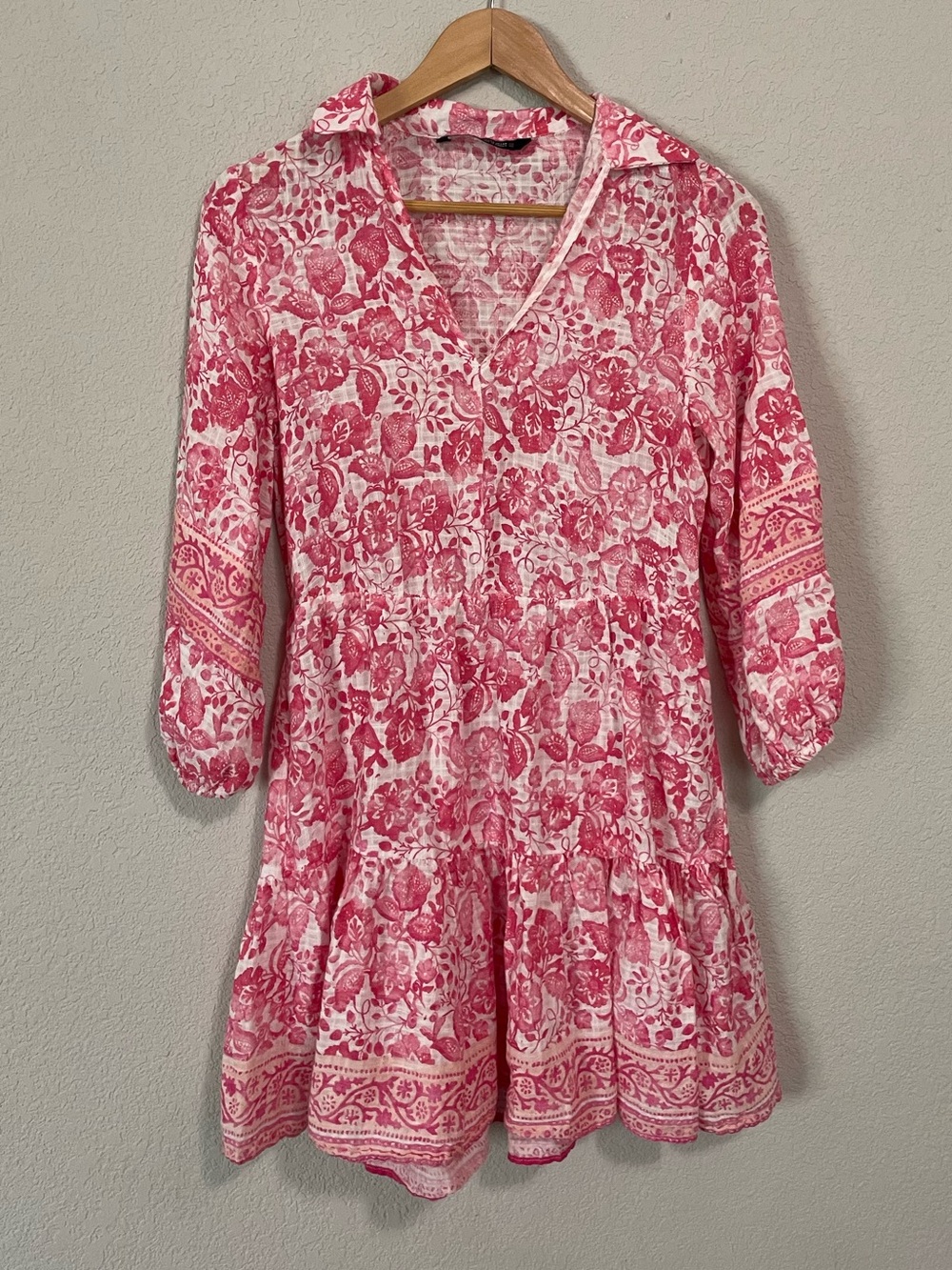Zara Pink Floral Mini Dress 3/4 Sleeve Tiered collared boho feminine summer XS